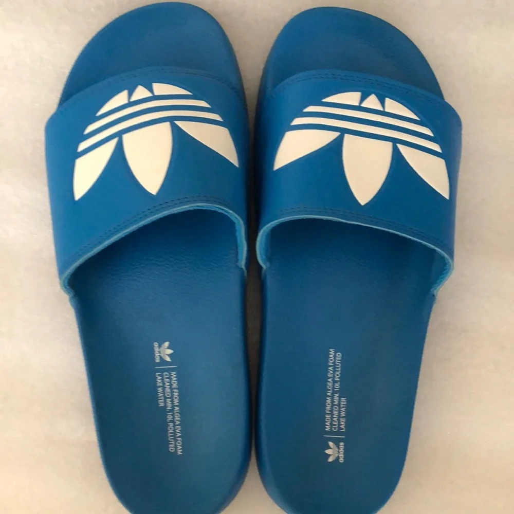 Adidas Blue Slides with White Logo - Picture 1 of 4